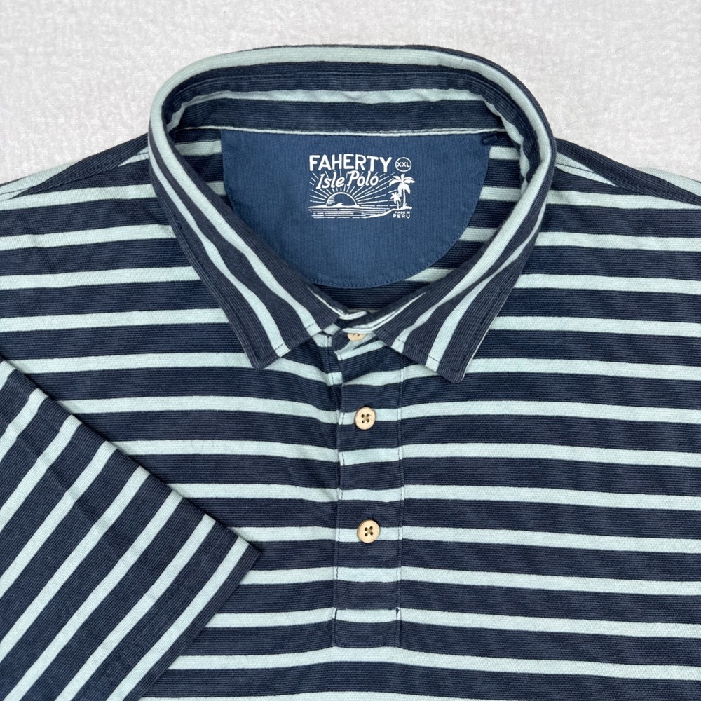 Faherty Isle Polo Shirt Mens Size XXL Blue Striped Cotton Short Sleeve Golf